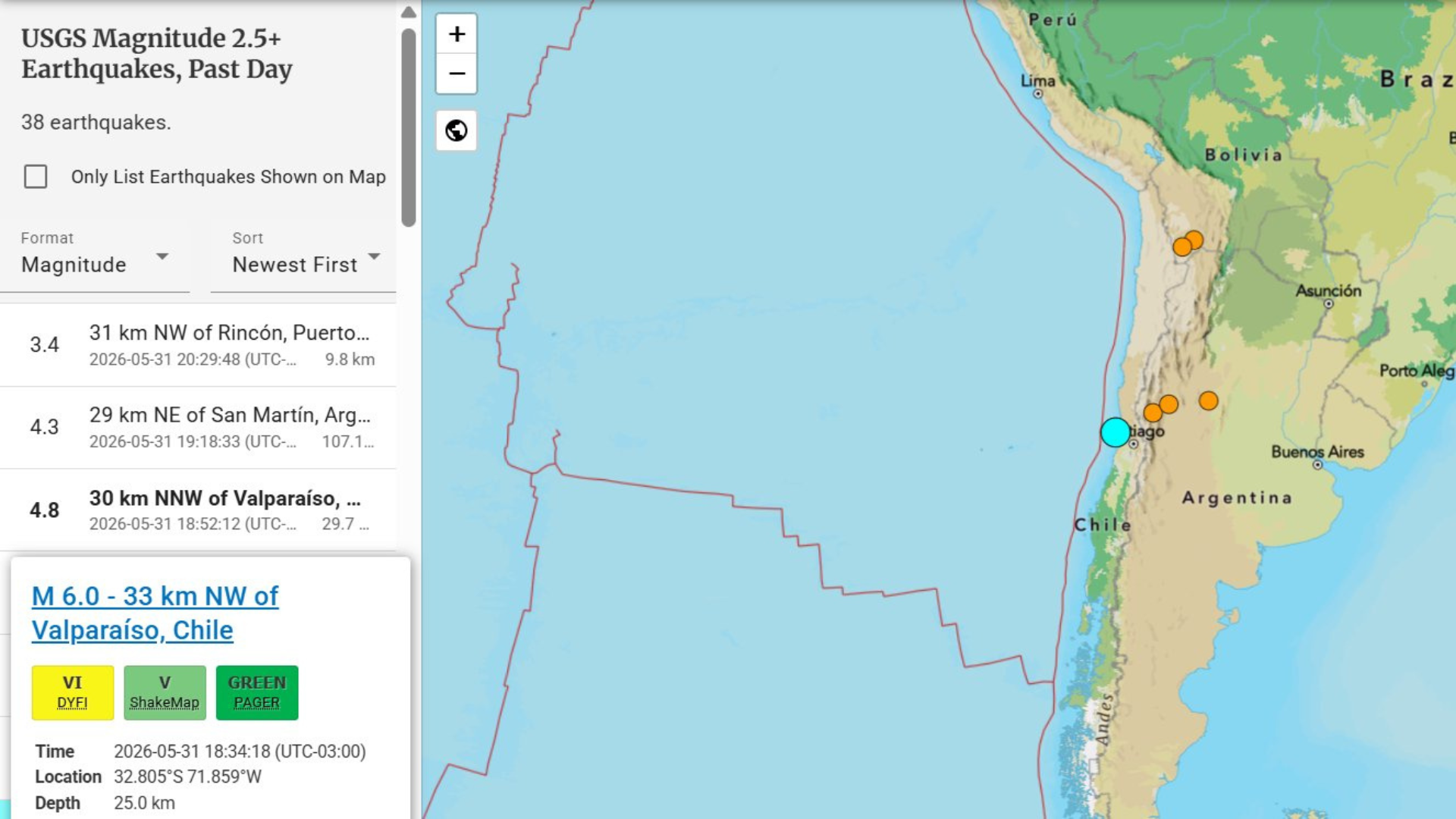 Sismo de magnitud 6.0 sacude la zona central de Chile